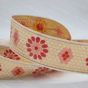 Metallic Jacquard Floral Ribbon Ivory Gold Pink Red Two (2) Yards 1.5”